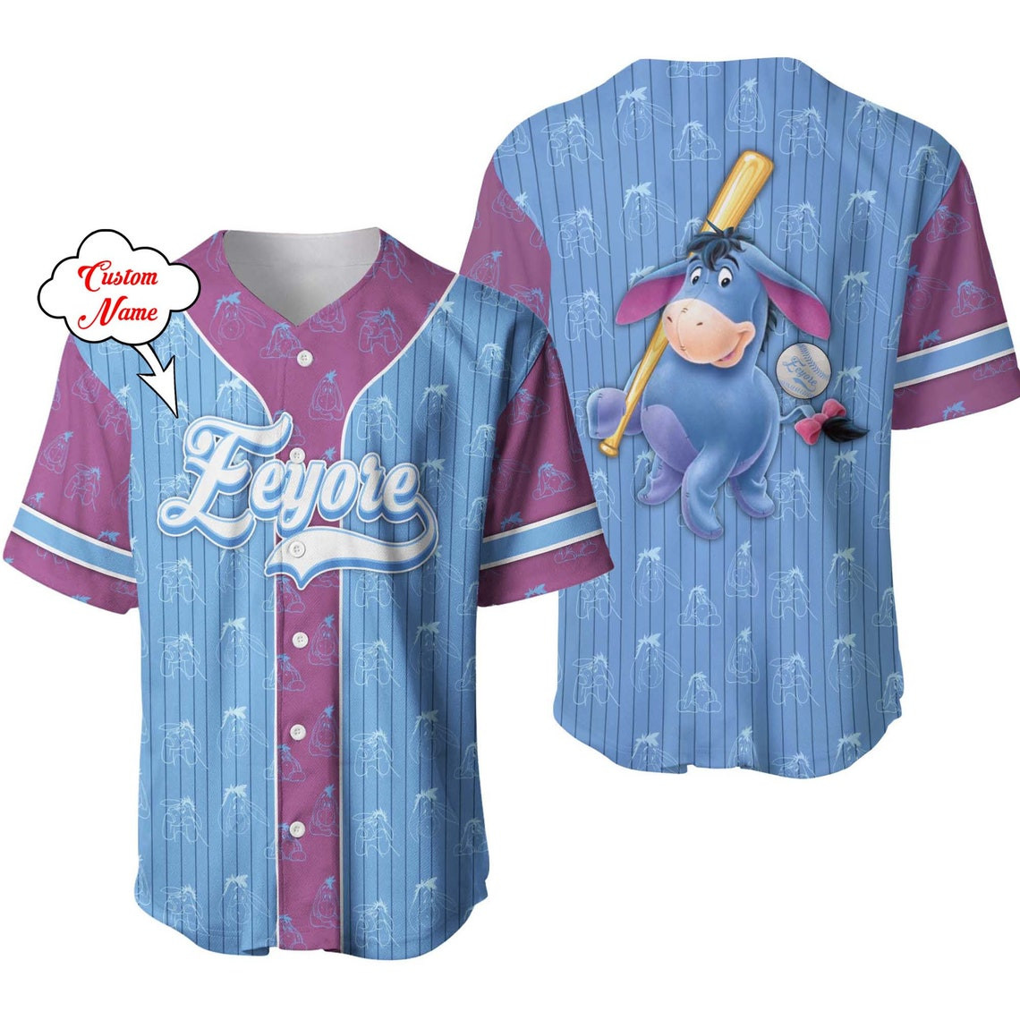 Eeyore Donkey Blue Purple Patterns Disney Unisex Cartoon Custom Baseball Jersey Personalized Shirt Men Women