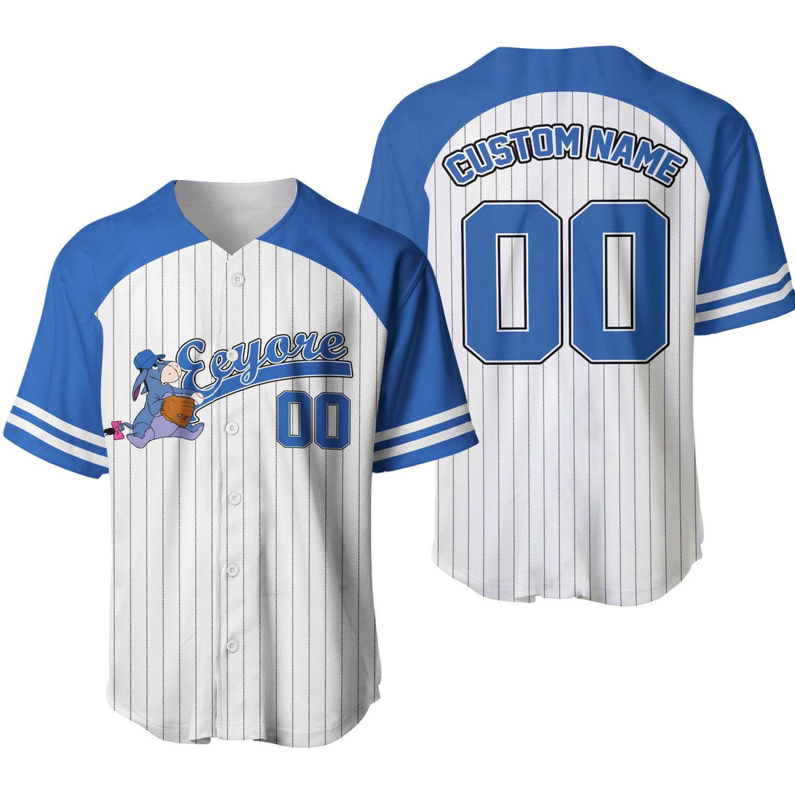 Eeyore Donkey Striped Blue White Unisex Cartoon Custom Baseball Jersey Personalized Shirt Men Women