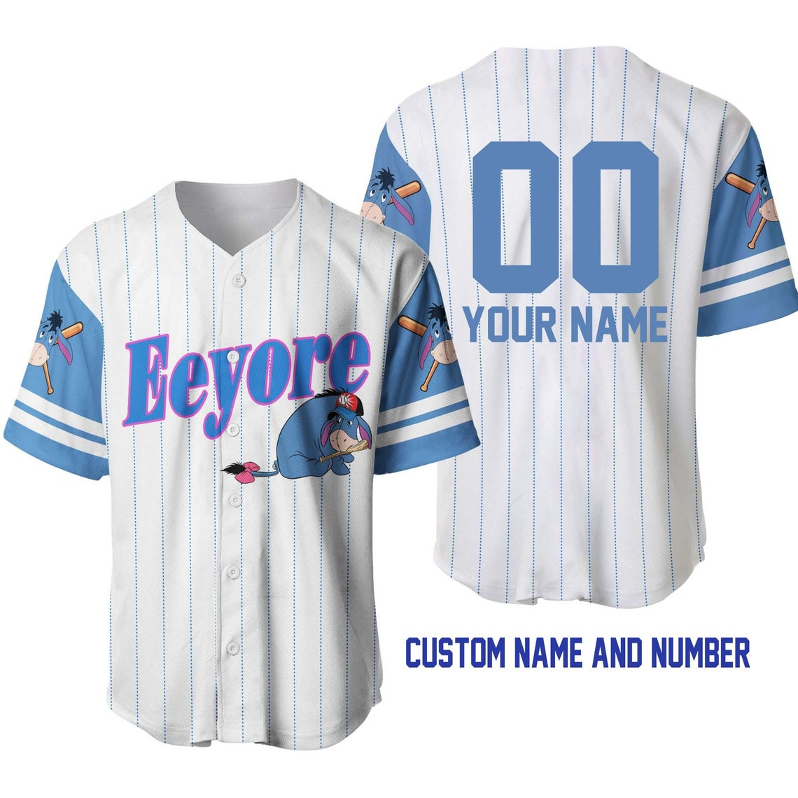 Eeyore Donkey White Blue Disney Unisex Cartoon Custom Baseball Jersey Personalized Shirt Men Women