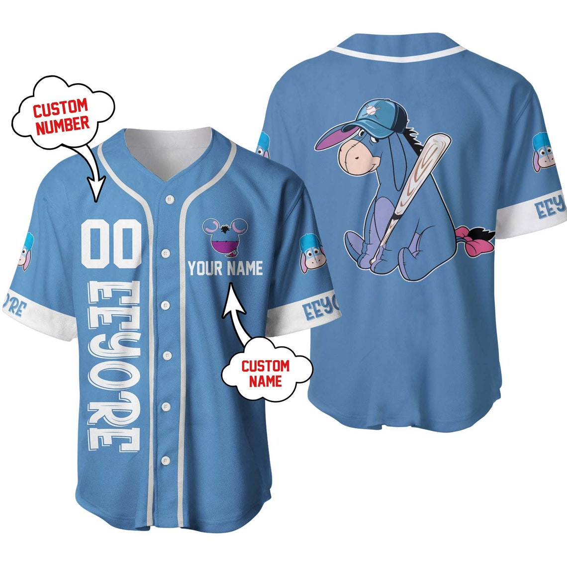 Eeyore Donkey Winnie Pooh Blue White Disney Unisex Cartoon Custom Baseball Jersey Personalized Shirt Men Women