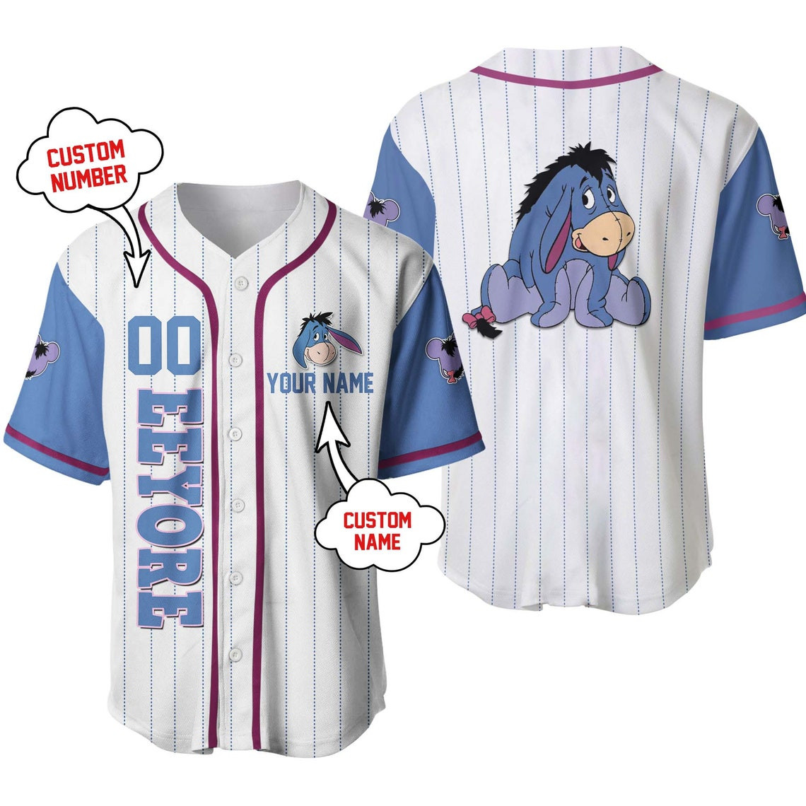 Eeyore Personalized Baseball Jersey Disney Unisex Cartoon Custom Baseball Jersey Personalized Shirt Men Women Kids