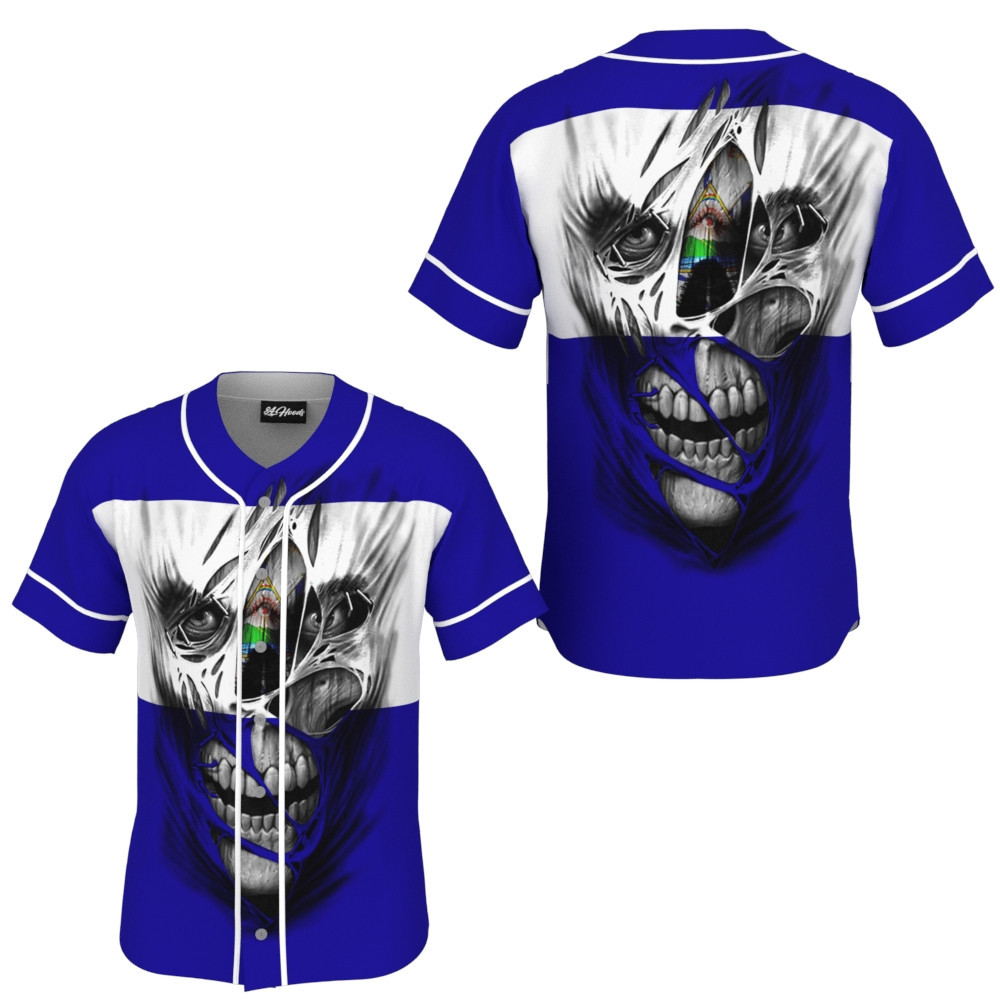 El Salvador Skull White Blue Baseball Jersey, Unisex Jersey Shirt for Men Women