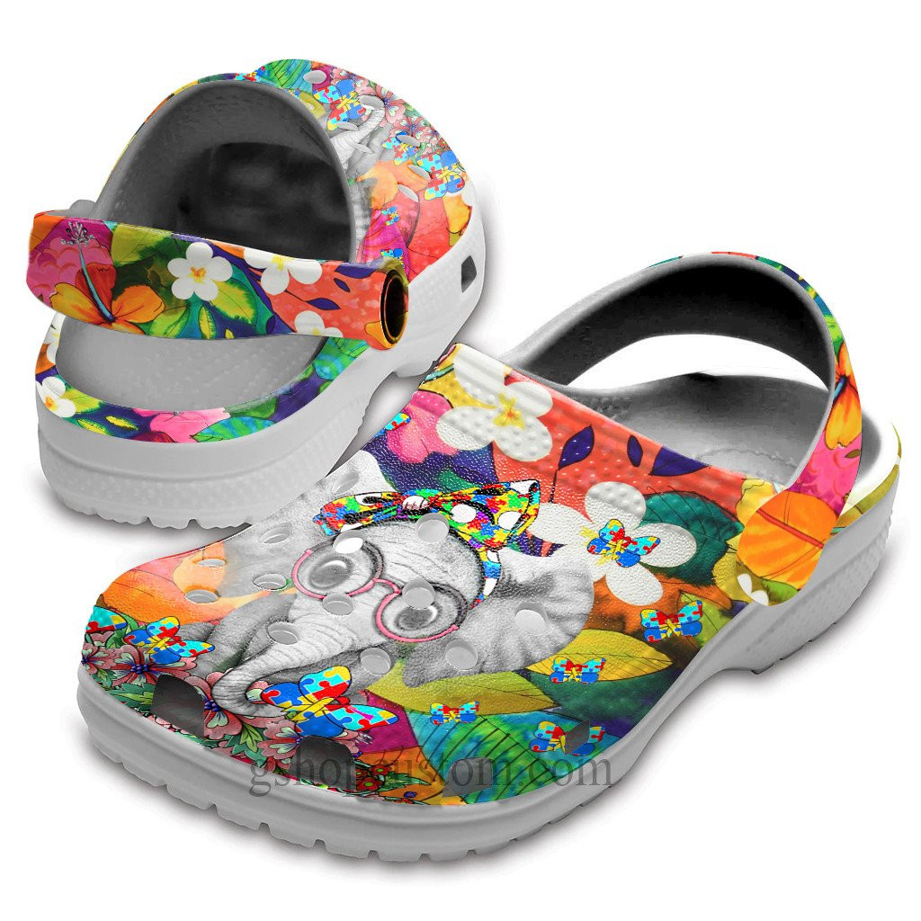 Elephant Autism Butterfly Flower Rainbow Crocs Shoes – Autism Awareness Be Kind Shoes Croc Clogs