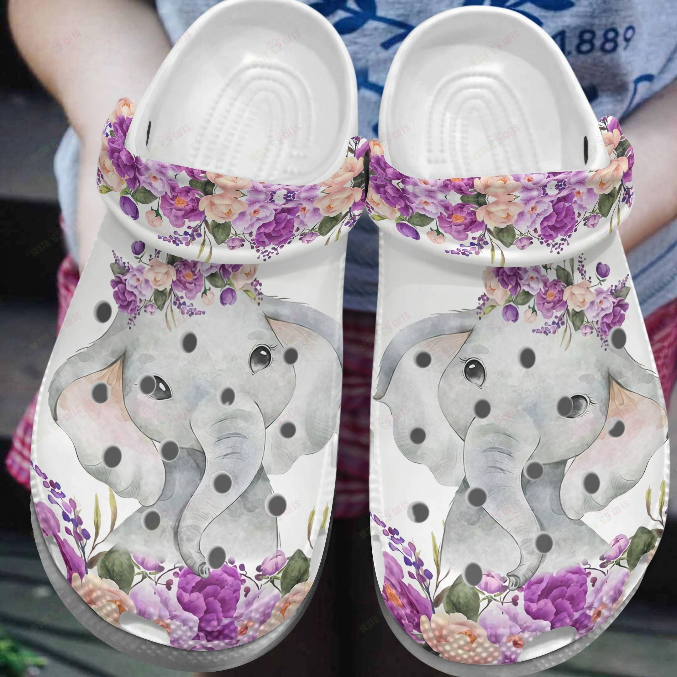 Elephant Crocs Classic Clog Whitesole Elephant And Flowers Shoes