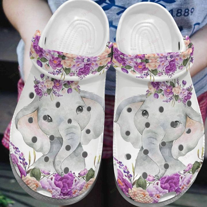 Elephant White Sole Elephant And Flowers Crocs Classic Clogs Shoes PANCR0492