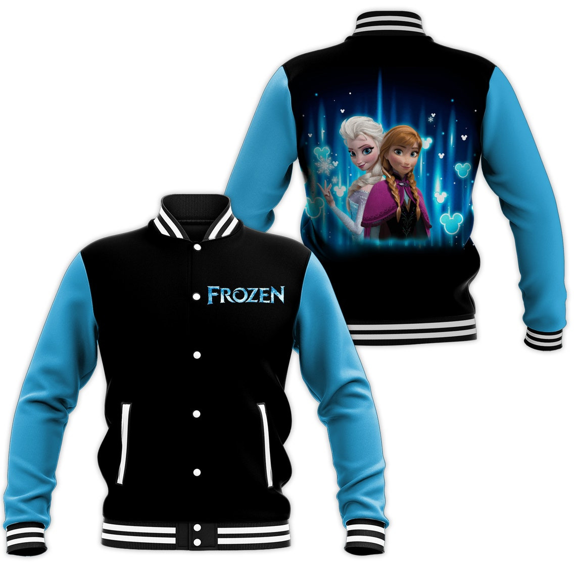 Elsa Black Blue Disney Cartoon Personalized Baseball Jacket for Men Women