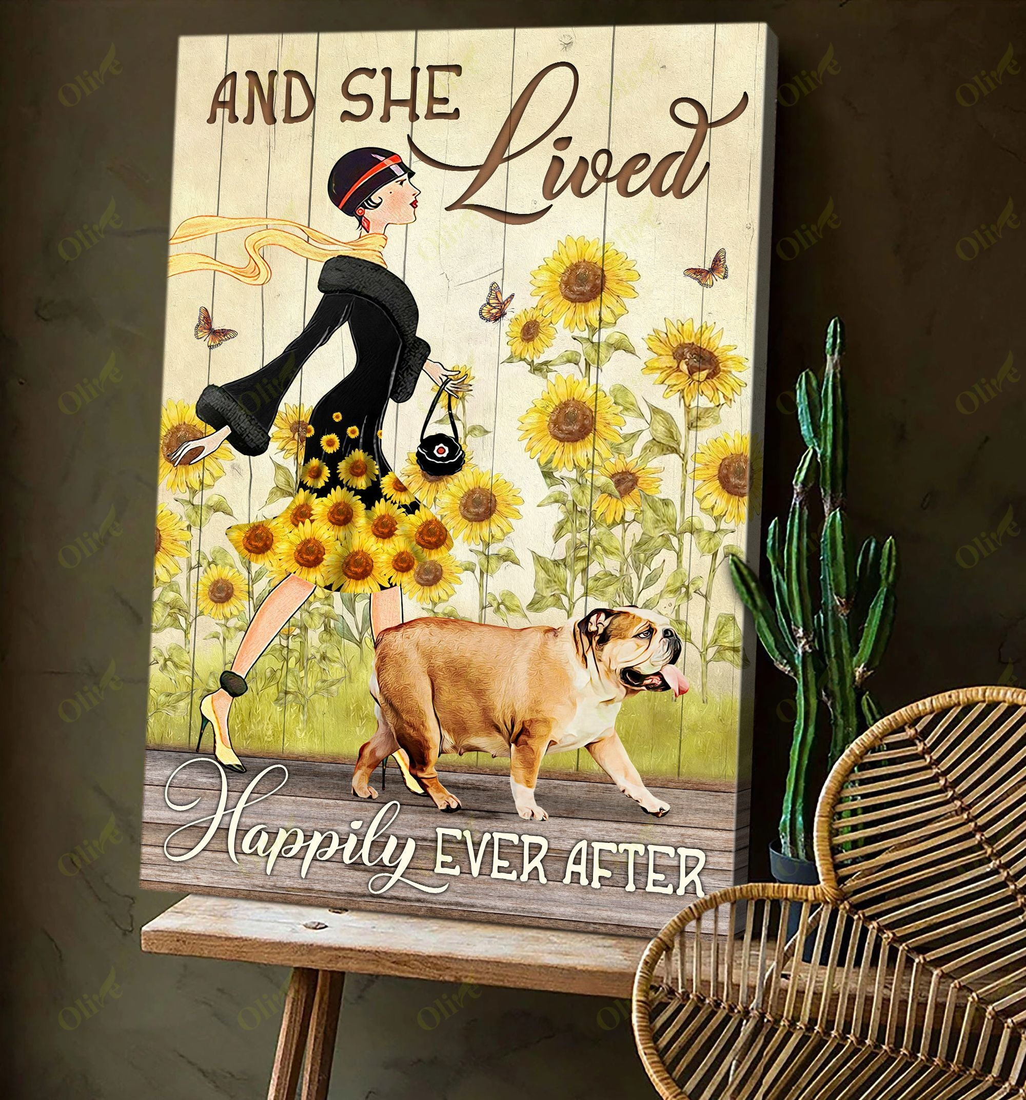 English Bulldog - Happy With Her Dog Poster And Canvas Art Wall Decor