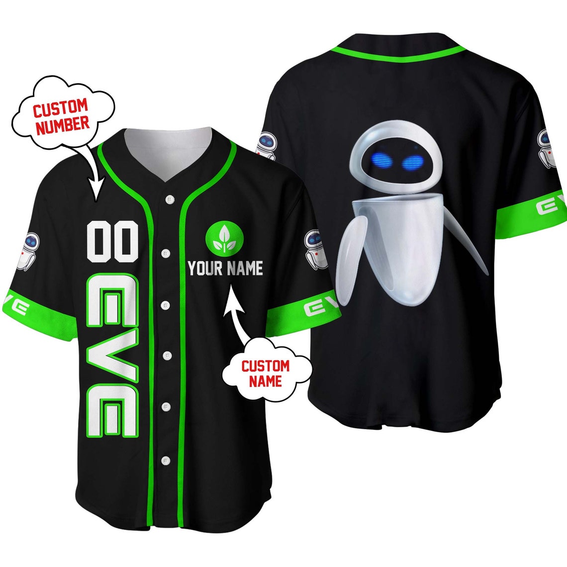 Eve Robot Pixar Black Neon Green Disney Unisex Cartoon Custom Baseball Jersey Personalized Shirt Men Women