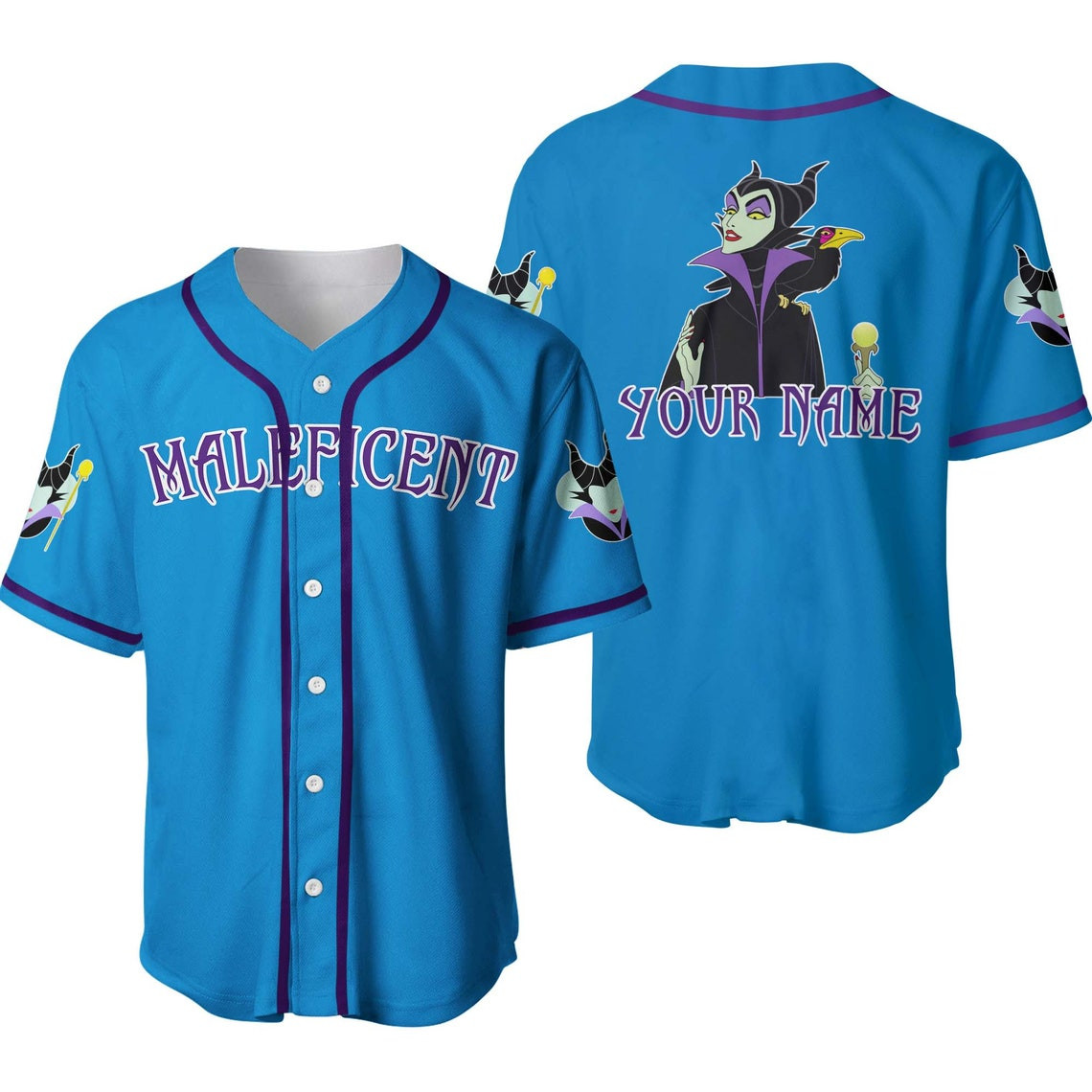 Evil Queen Maleficent Black Blue Disney Unisex Cartoon Custom Baseball Jersey Personalized Shirt Men Women