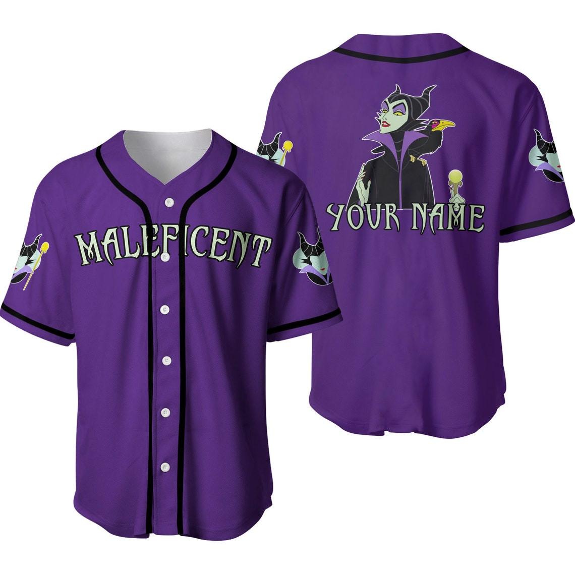 Evil Queen Maleficent Black Purple Disney Unisex Cartoon Custom Baseball Jersey Personalized Shirt Men Women