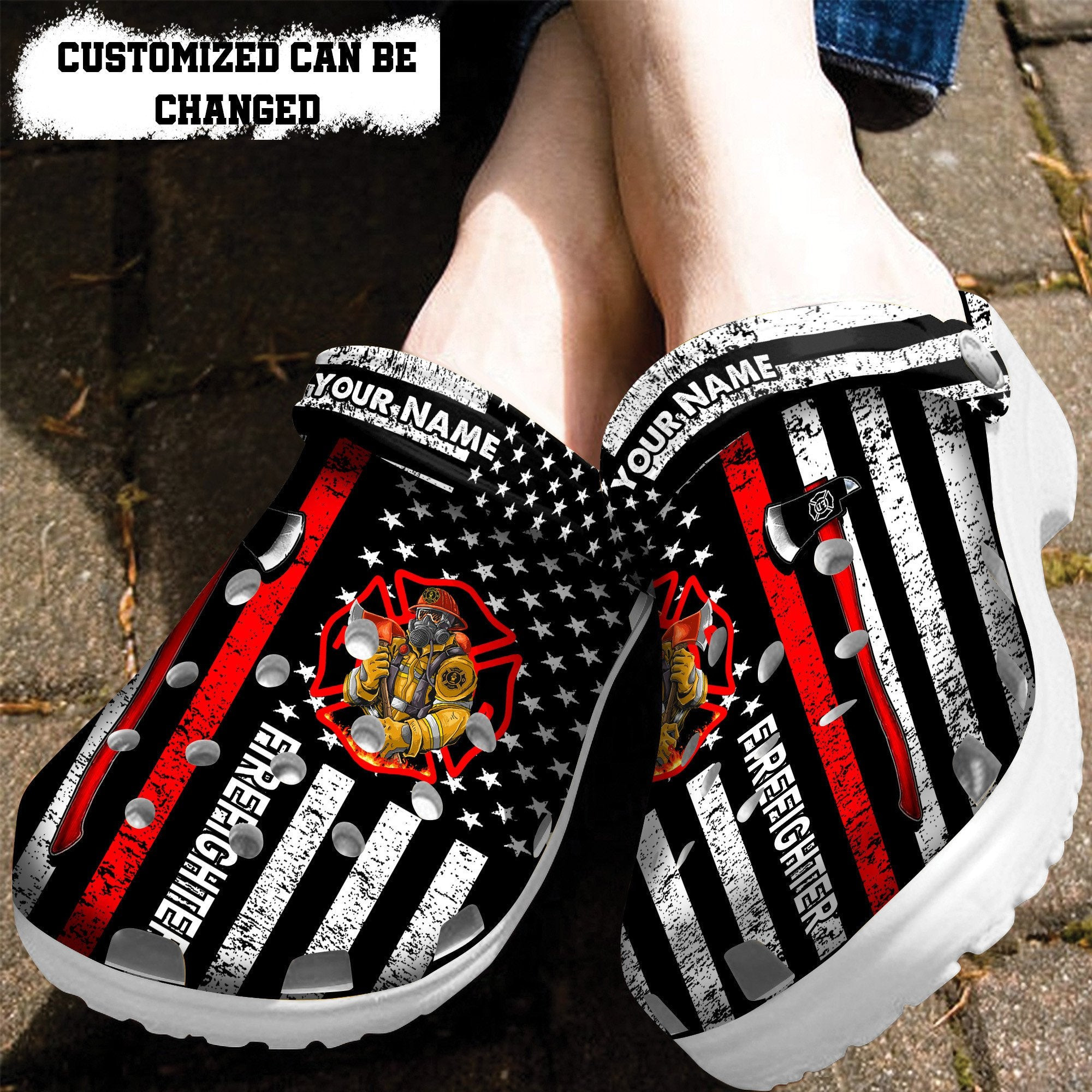 Father Day Firefighter Gifts Crocs Shoes For Dad Grandpa - Firefighter Usa Flag Black Shoes Croc Clog