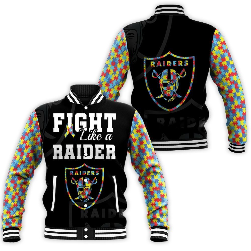 Fight Like A Oakland Raiders Autism Support Baseball Jacket for Men Women