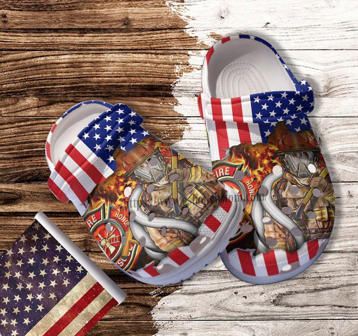Fire Fighter Papa America Flag Croc Shoes Gift Men Father Day- 4Th Of July Firefighter Shoes Croc Clogs