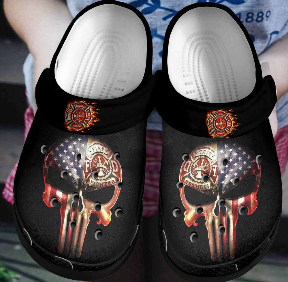 Firefighter Skull Printed Rubber Crocs Clog Shoes Comfy Footwear