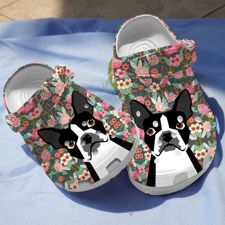 Floral Boston Terriers Dog Crocs Classic Clogs Shoes PANCR0350