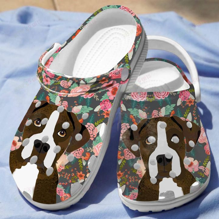 Floral Boxer Dog Crocs Classic Clogs Shoes