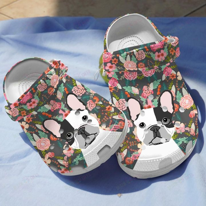Floral French Bull Dog Crocs Classic Clogs Shoes