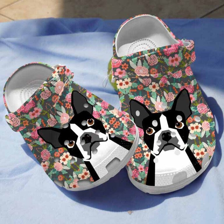 Floral Robot Boston Terriers Dog Clogs Crocs Shoes