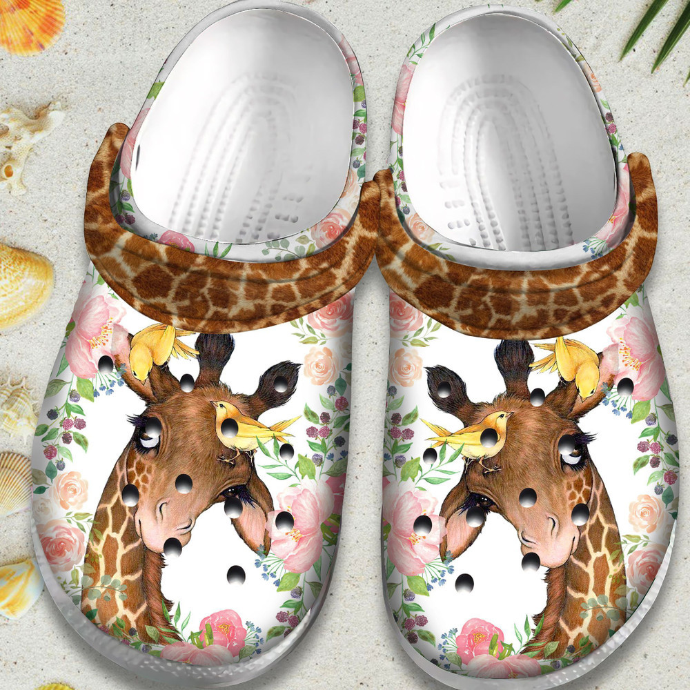 Flower Giraffe With Bird Cute Animal Gift For Lover Rubber Crocs Clog Shoes Comfy Footwear