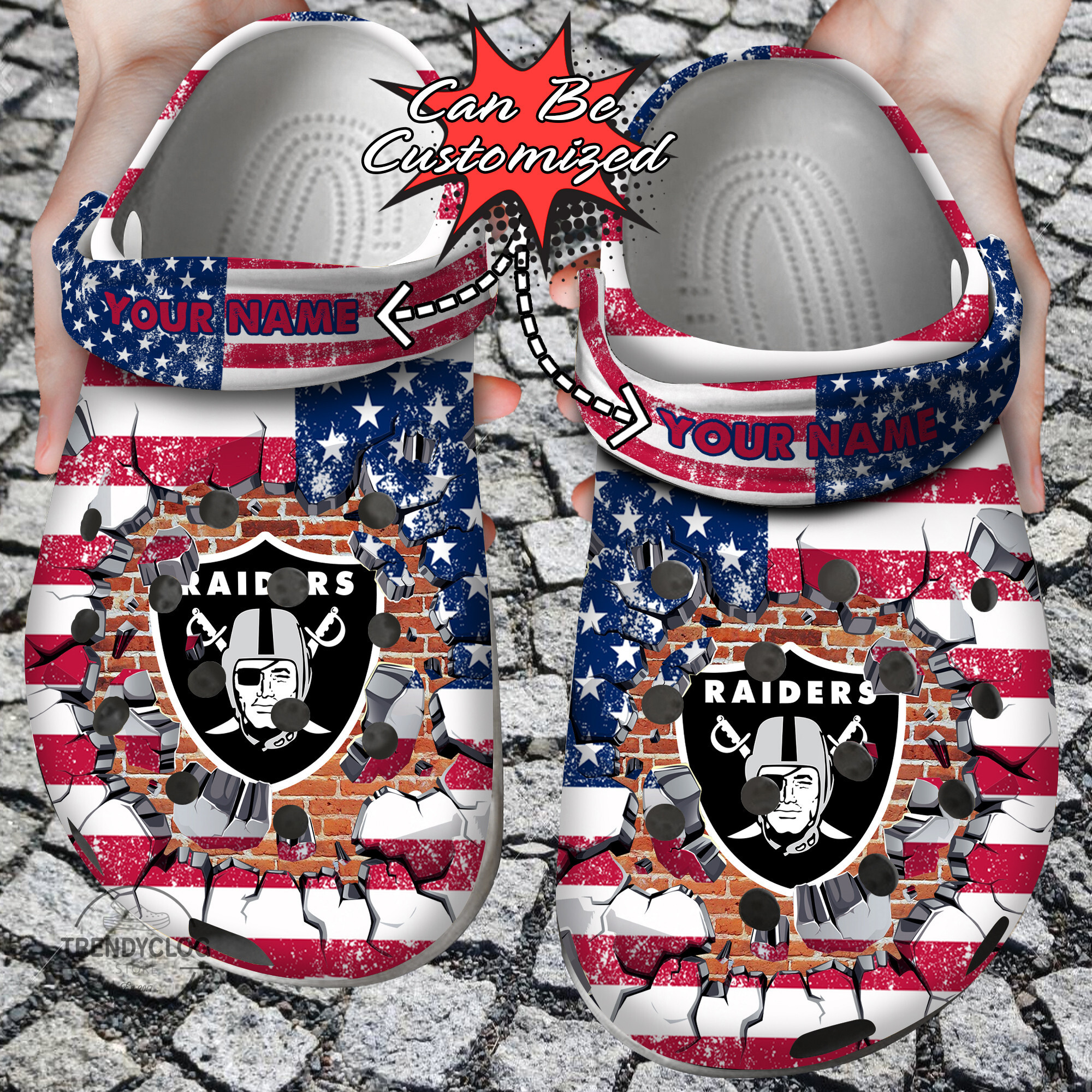 Football Crocs Personalized LV Raiders American Flag Breaking Wall Clog Shoes