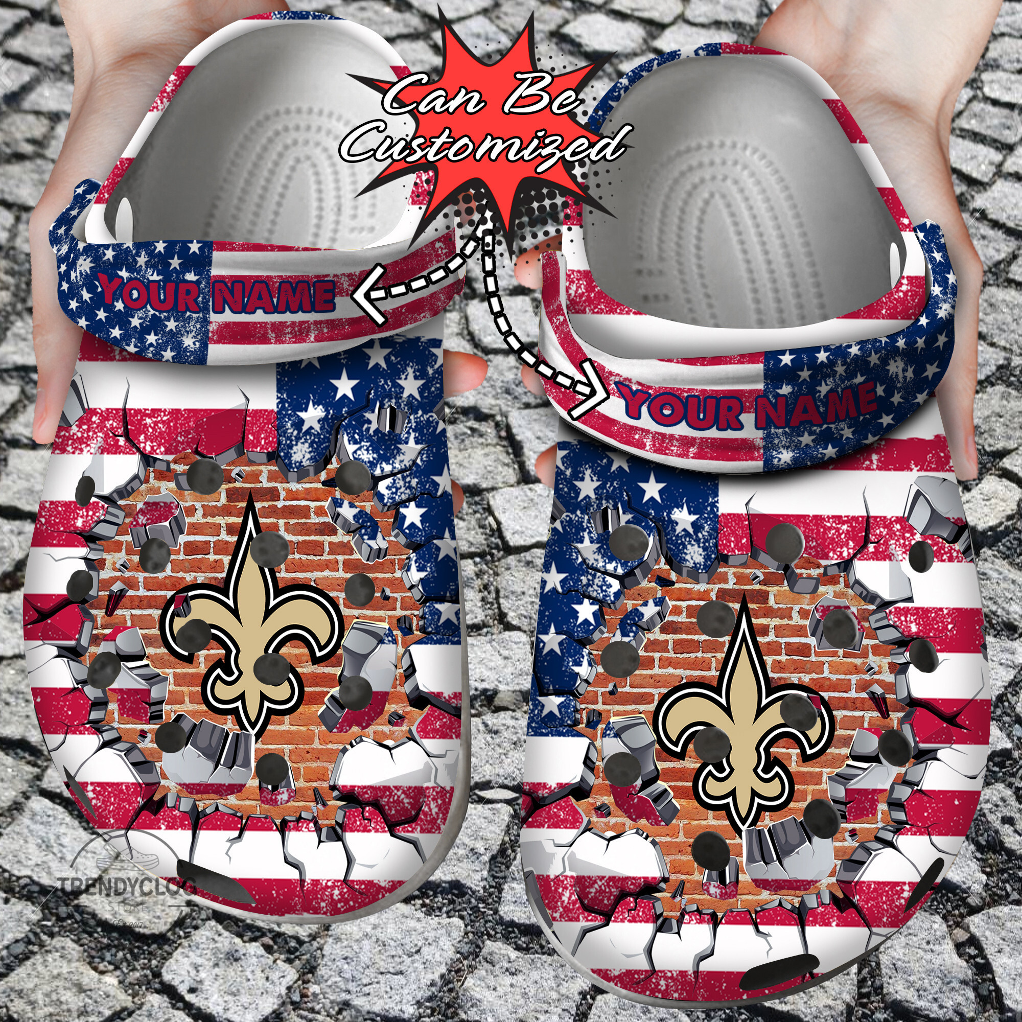 Football Crocs Personalized NO Saints American Flag Breaking Wall Clog Shoes