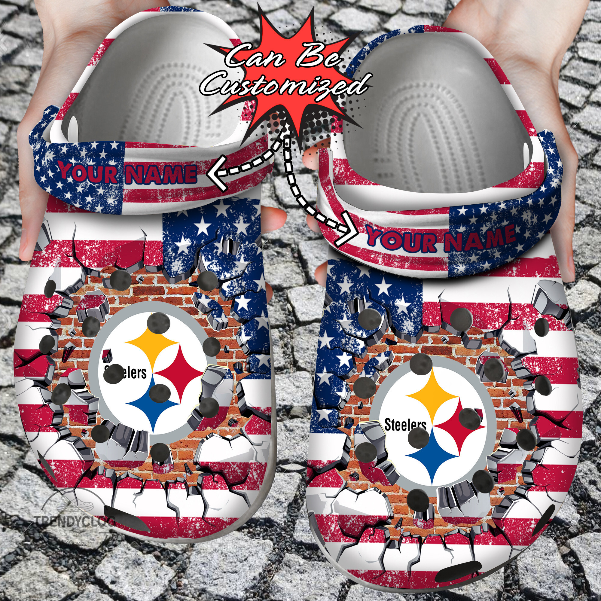 Football Crocs Personalized PSteelers American Flag Breaking Wall Clog Shoes