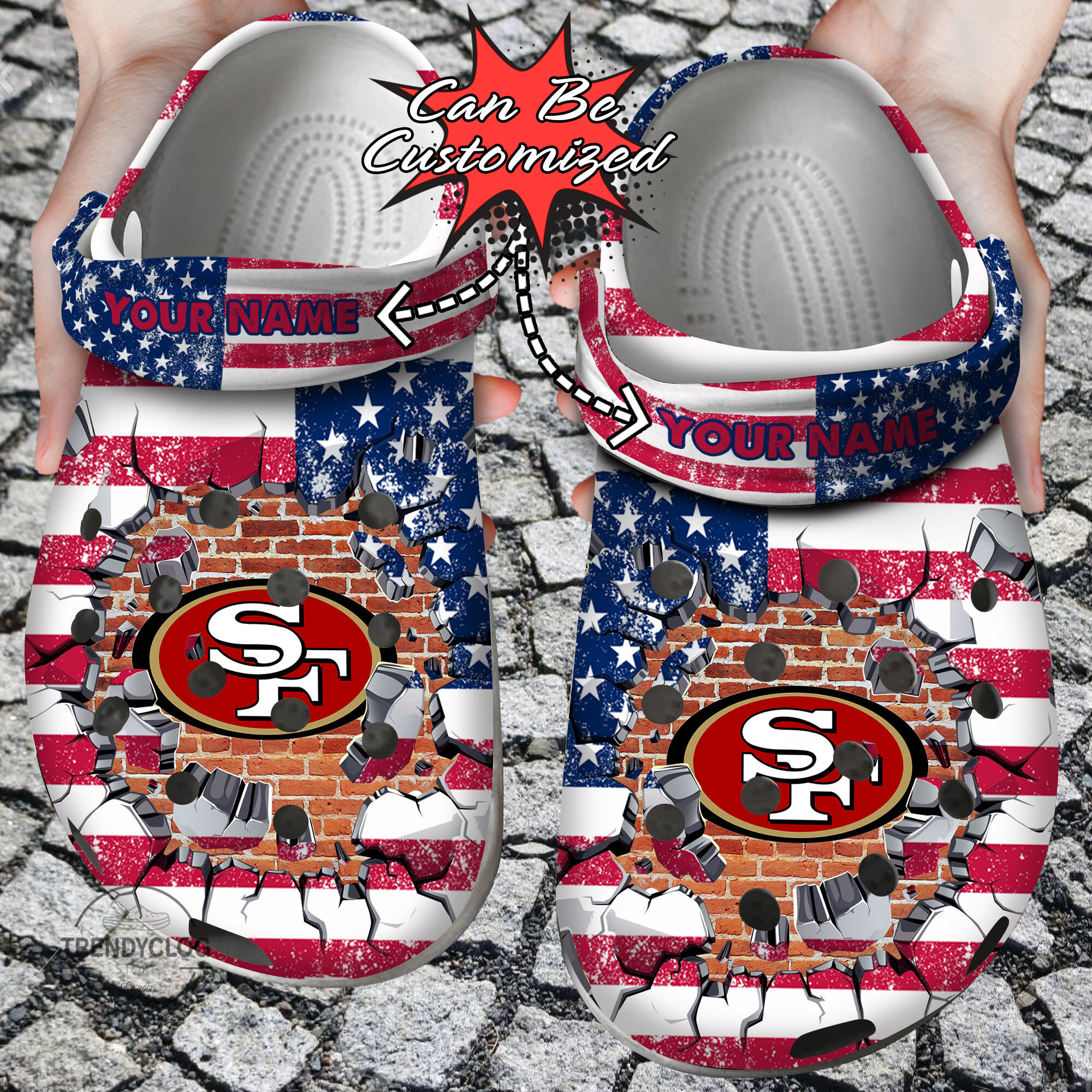 Football Crocs Personalized SF 49ers American Flag Breaking Wall Clog Shoes