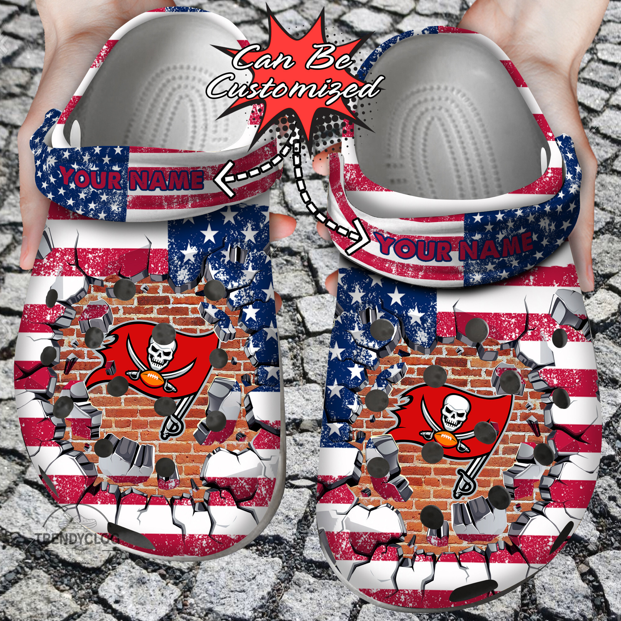 Football Crocs Personalized TB Buccaneers American Flag Breaking Wall Clog Shoes