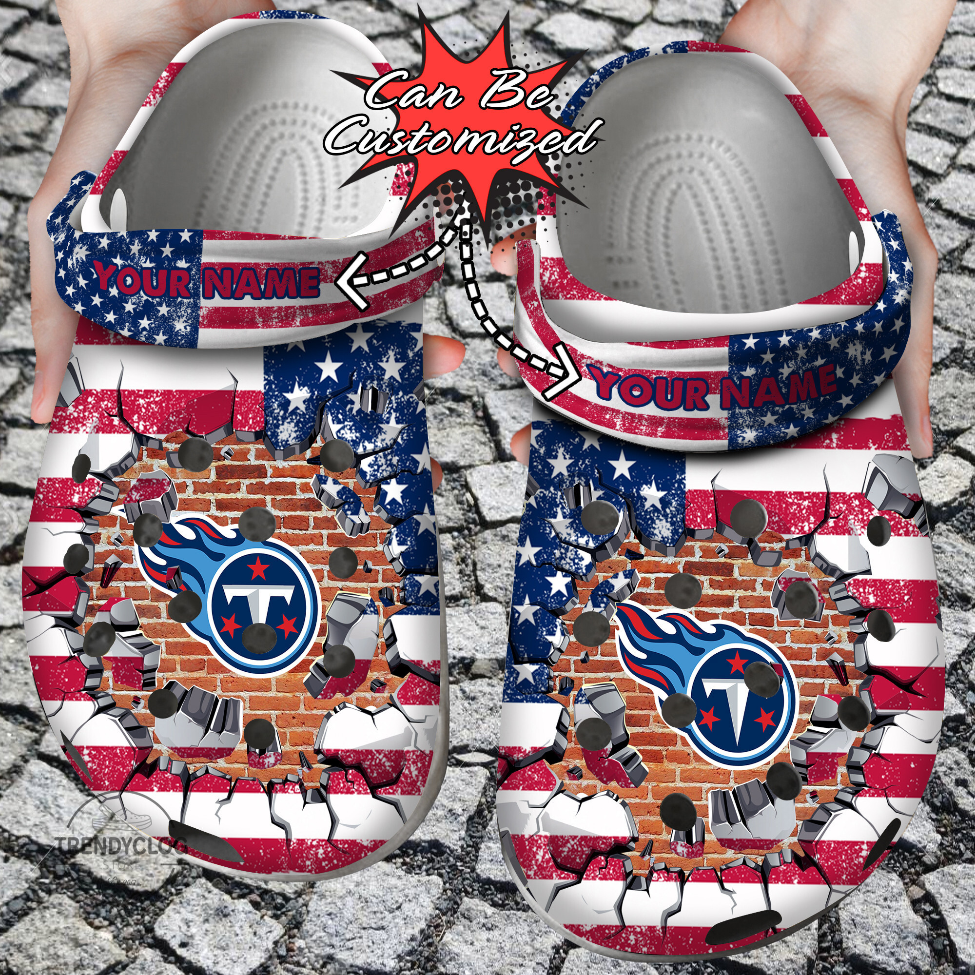 Football Crocs Personalized TTitans American Flag Breaking Wall Clog Shoes