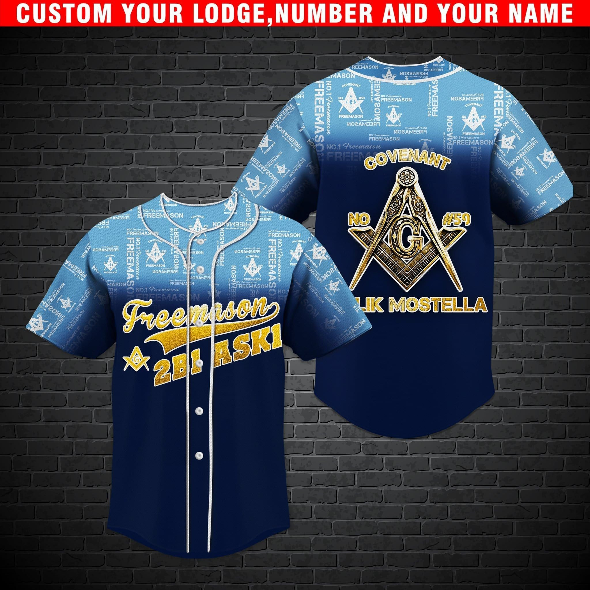 Freemason Blue Personalized Lodge Name And Number Baseball Jersey