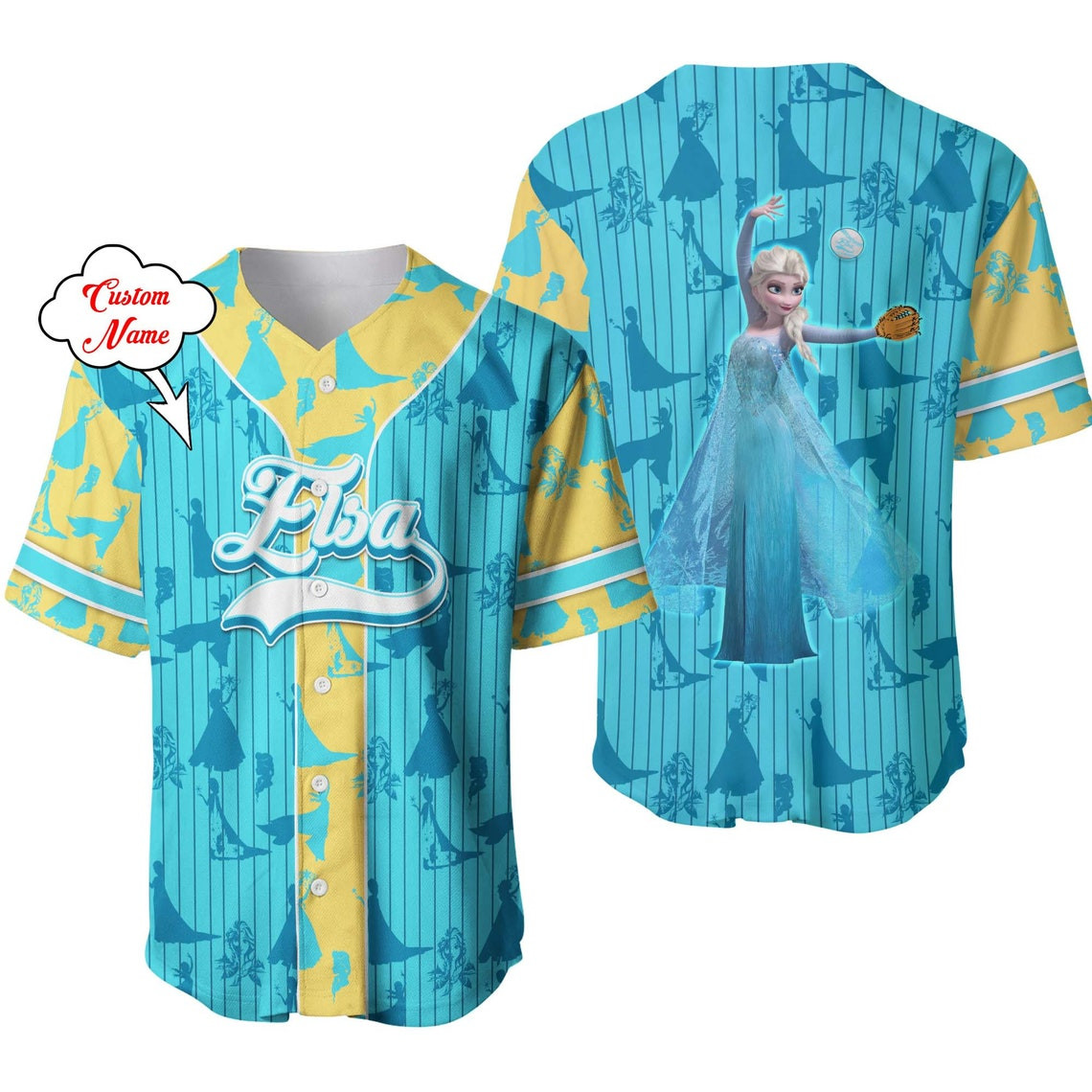 Frozen Elsa Dark Blue Yellow Patterns Disney Unisex Cartoon Custom Baseball Jersey Personalized Shirt Men Women