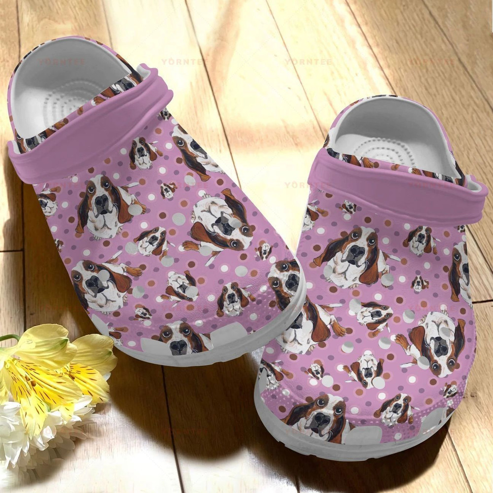 Funny Basset Hound Pink Gift For Lover Rubber Crocs Clog Shoes Comfy Footwear