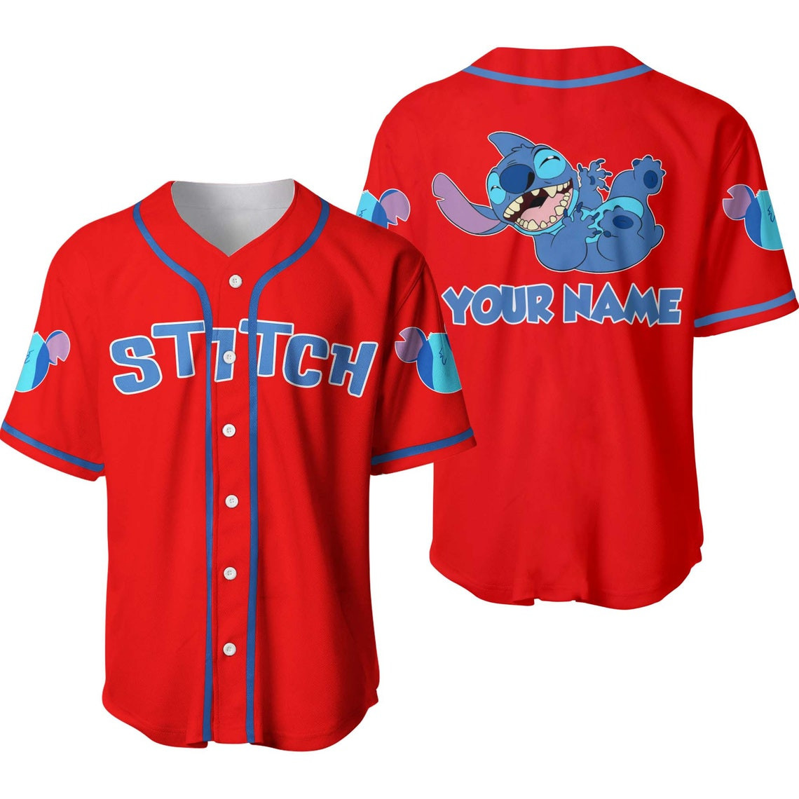 Funny Stitch Blue Red Disney Unisex Cartoon Custom Baseball Jersey Personalized Shirt Men Women