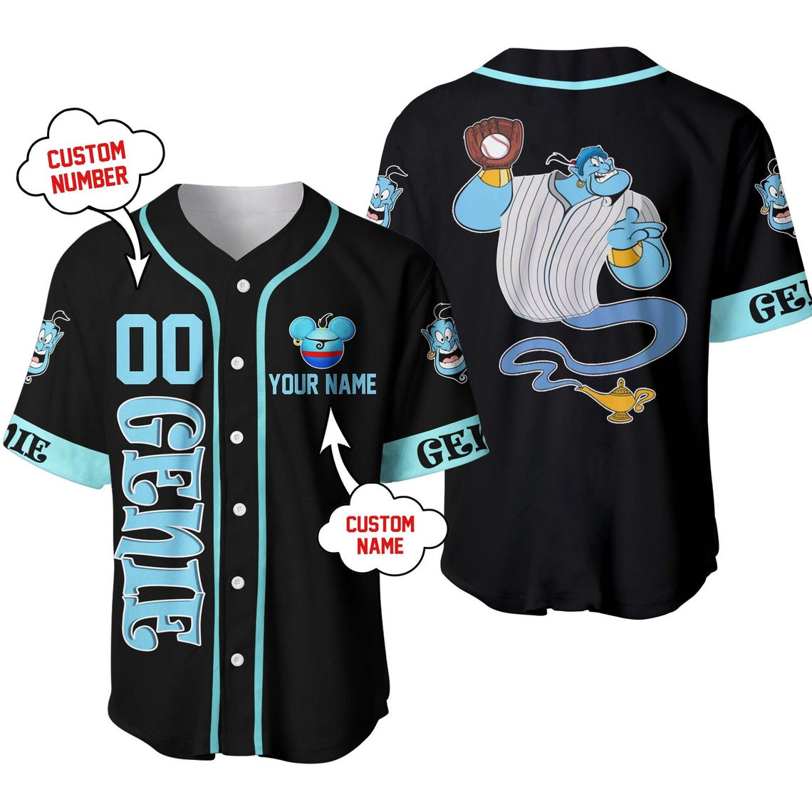 Genie Aladdin Blue Black Disney Unisex Cartoon Custom Baseball Jersey Personalized Shirt Men Women