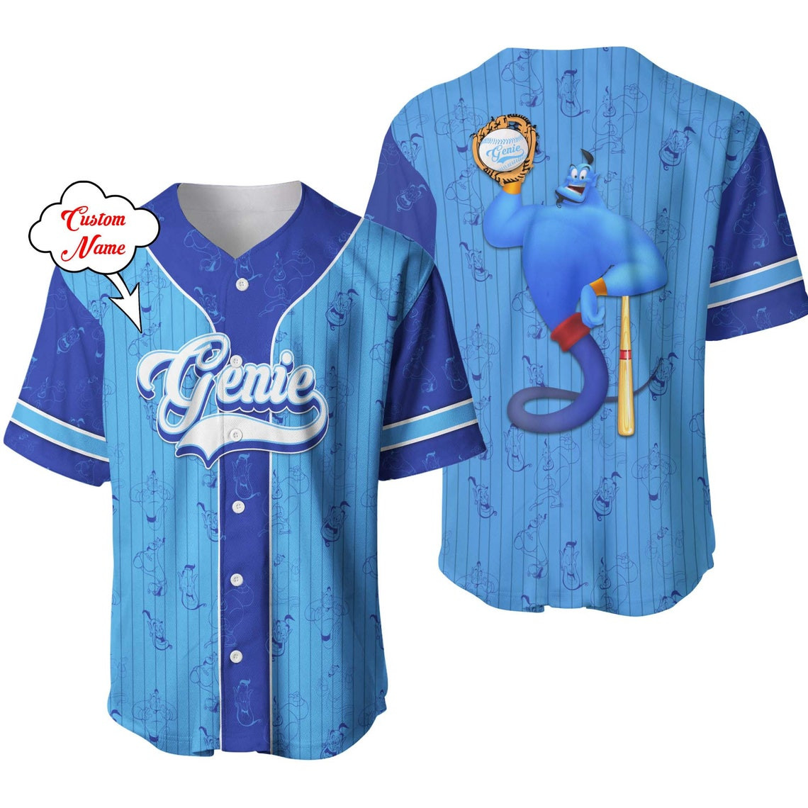 Genie Aladdin Blue White Patterns Disney Unisex Cartoon Custom Baseball Jersey Personalized Shirt Men Women
