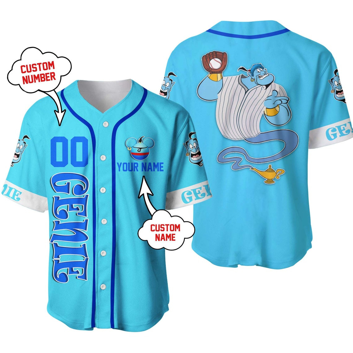 Genie Aladdin Custom name Disney Unisex Cartoon Custom Baseball Jersey Personalized Shirt Men Women