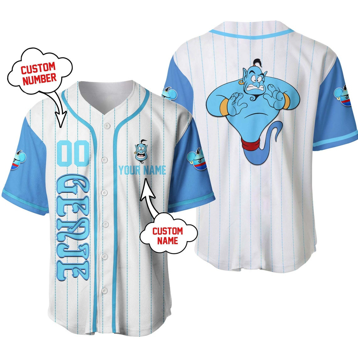 Genie Aladdin Disney Unisex Cartoon Custom Baseball Jersey Personalized Shirt Kid Youth Men Women