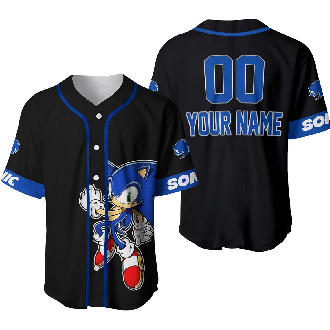 Giant Sonic Hedgehog Black Blue Disney Unisex Cartoon Custom Baseball Jersey Personalized Shirt Men Women