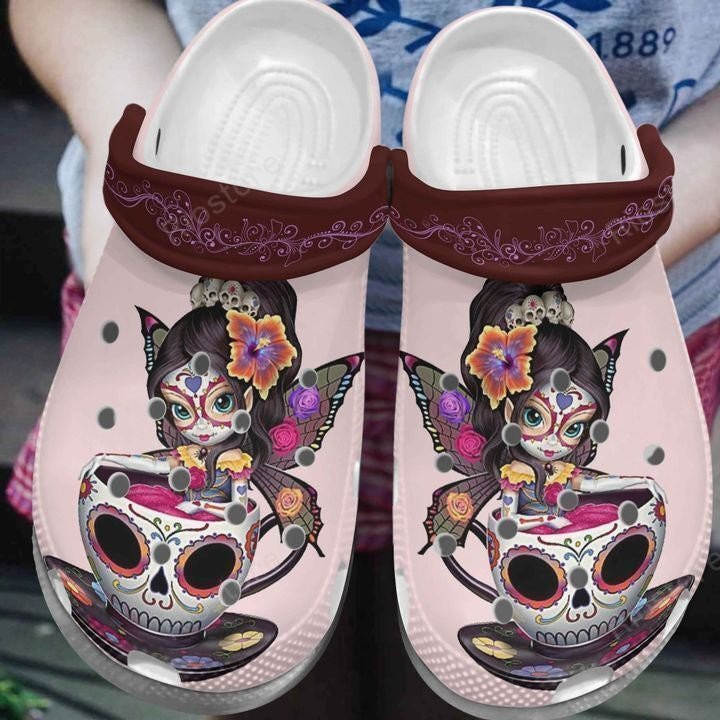 Girl In Skull Cup Crocs Shoes Butterfly Girl Crocbland Clogs