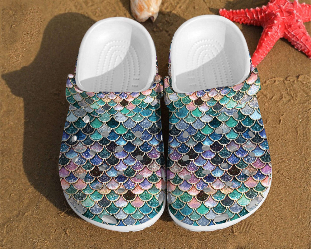 Glitter Fish Scales Mermaid Rubber Crocs Clog Shoes Comfy Footwear