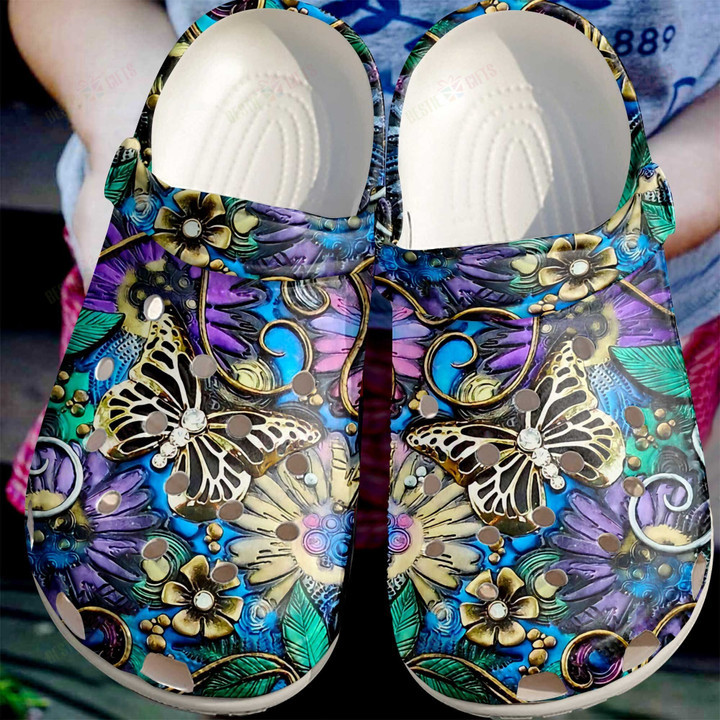 Golden Butterfly Crocs Classic Clogs Shoes