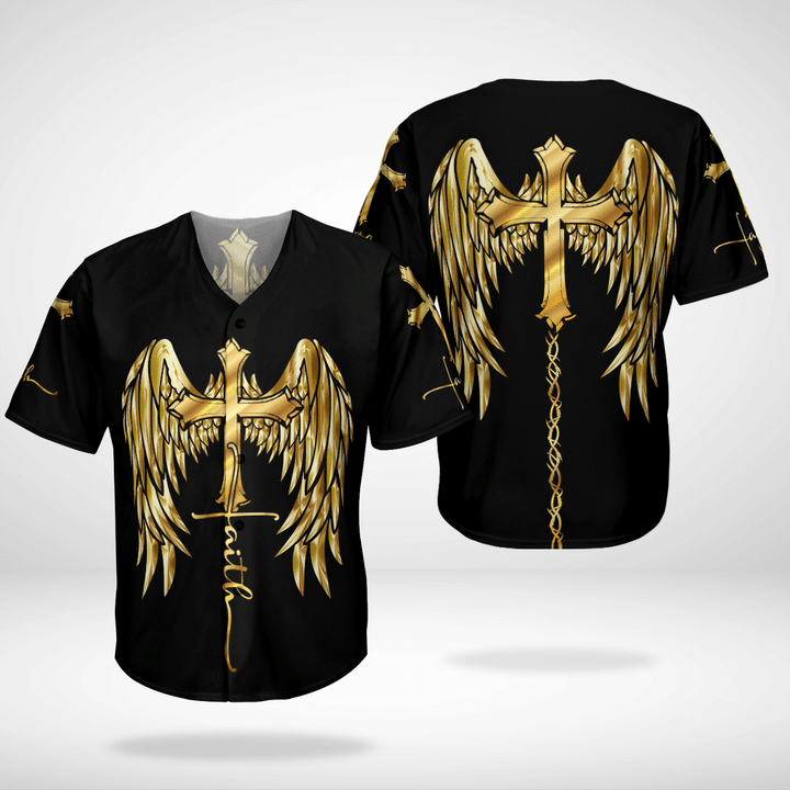 Golden Faith Cross Wings Jesus Christian Baseball Jersey