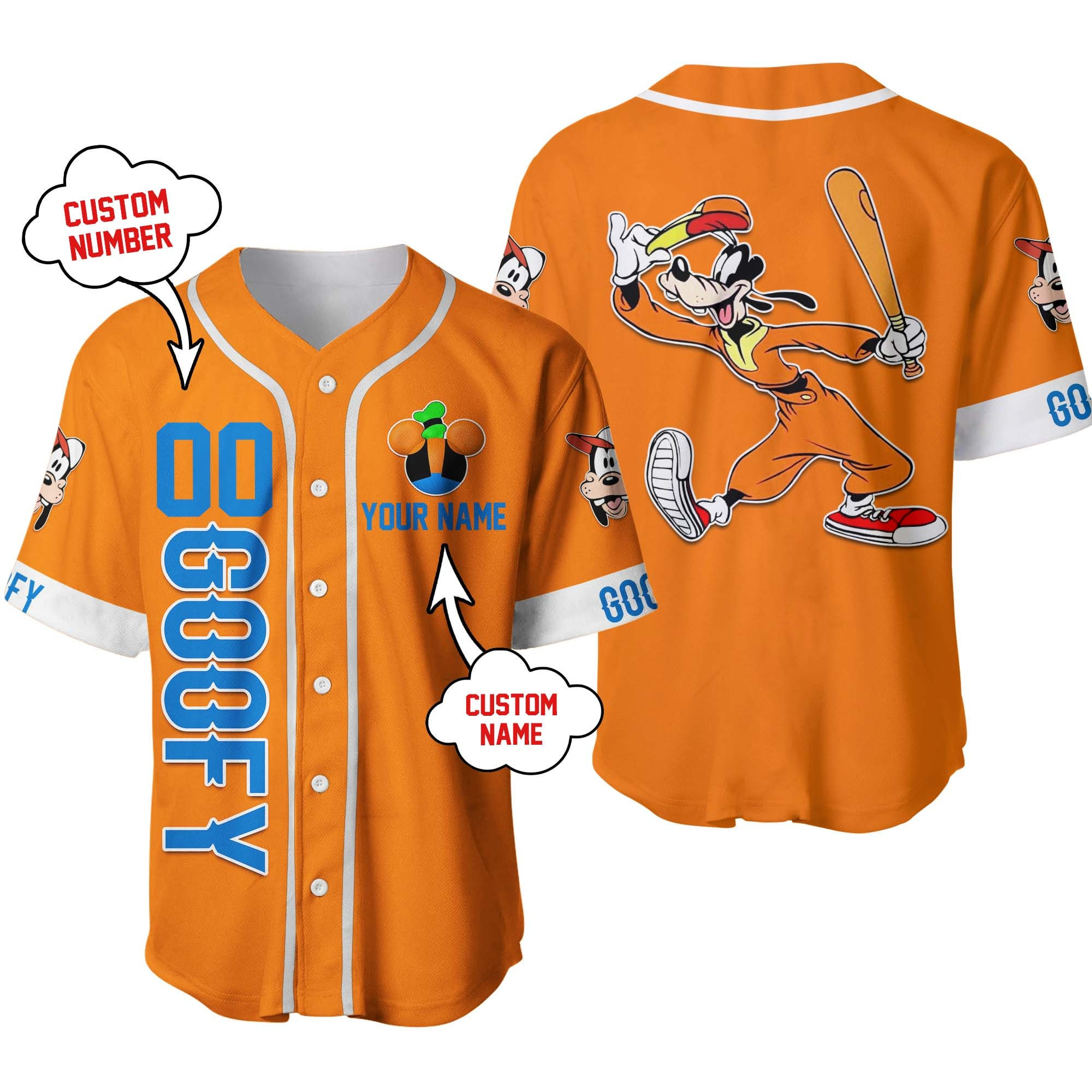 Goofy Dog Orange Disney Personalized Unisex Cartoon Custom Baseball Jersey, Unisex Jersey Shirt for Men Women