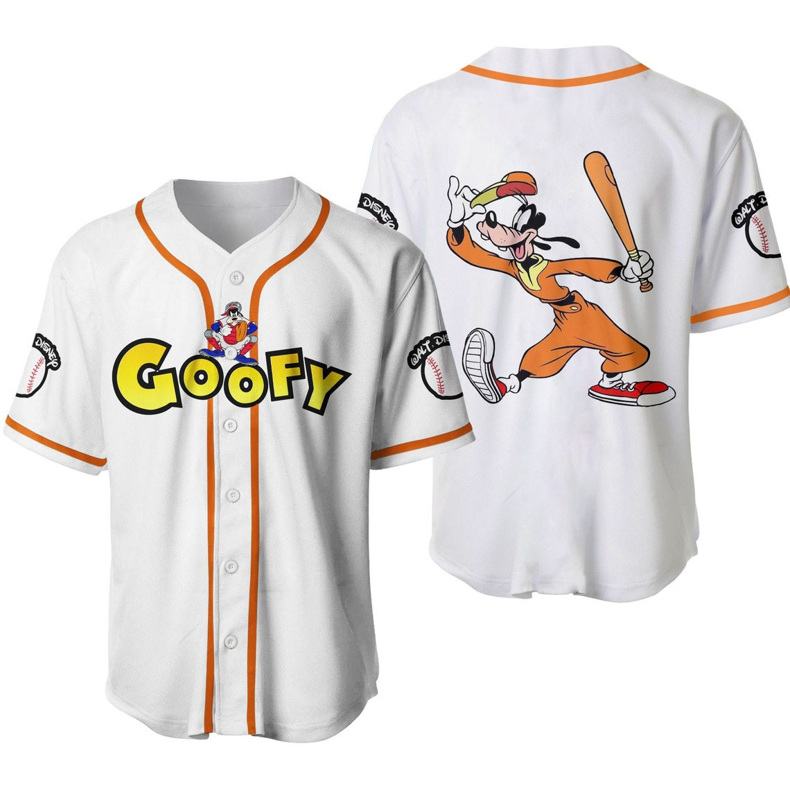 Goofy Dog Orange White Cute Disney Cartoons Graphics Unisex Casual Outfits Custom Baseball Jersey Personalized Shirt Men Women