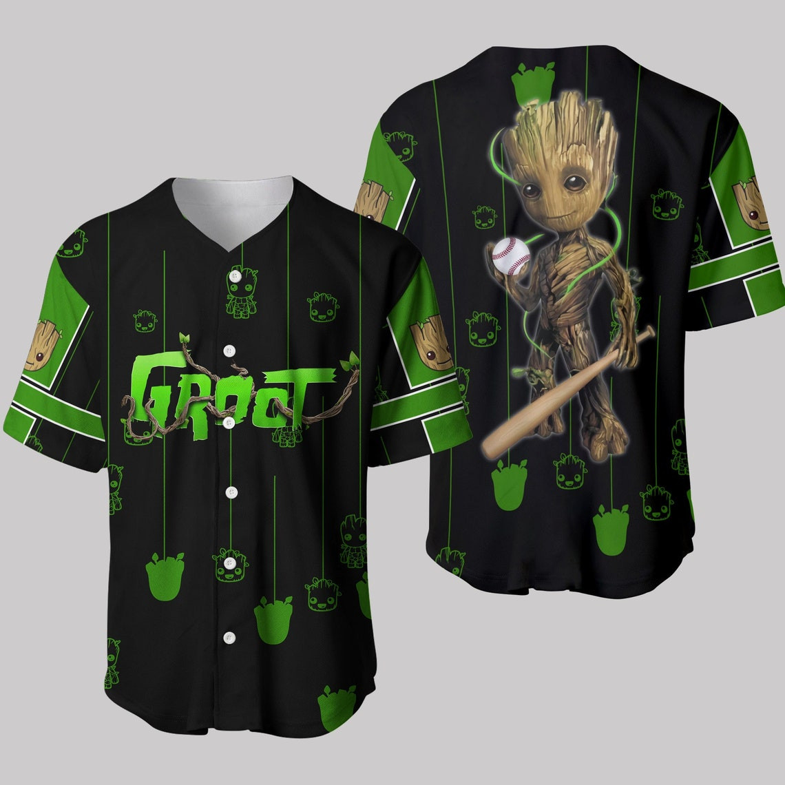 Groot Black Green Patterns Disney Unisex Cartoon Custom Baseball Jersey Personalized Shirt Men Women