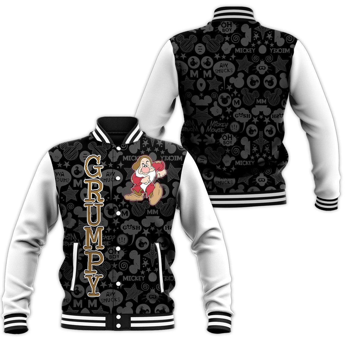 Grumpy Black White Disney Cartoon Personalized Baseball Jacket for Men Women