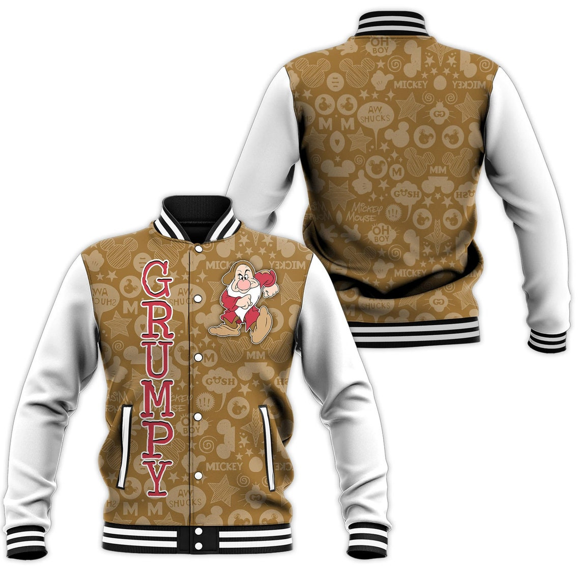 Grumpy Brown White Disney Cartoon Personalized Baseball Jacket for Men Women