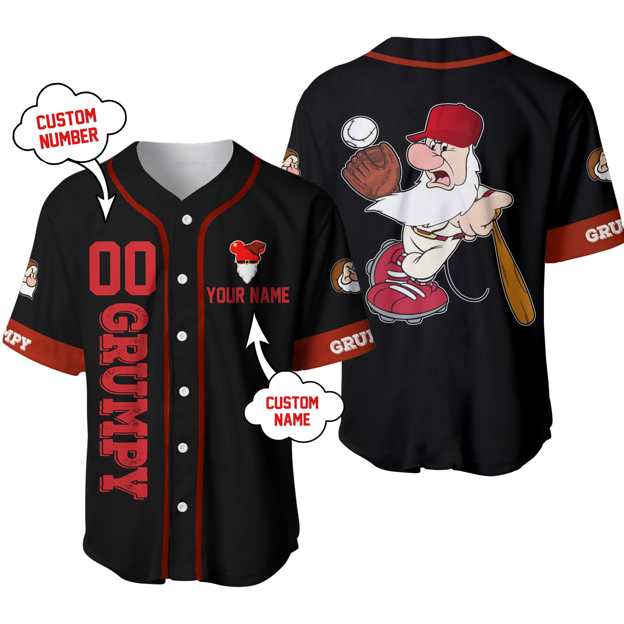 Grumpy Dwarf Black Red Disney Personalized Unisex Cartoon Custom Baseball Jersey