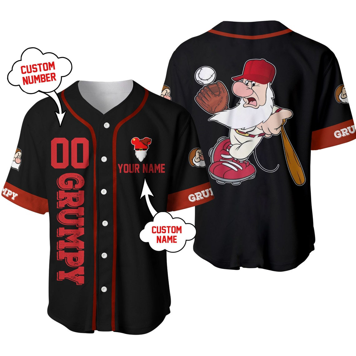 Grumpy Dwarf Red Black Disney Unisex Cartoon Custom Baseball Jersey Personalized Shirt Men Women