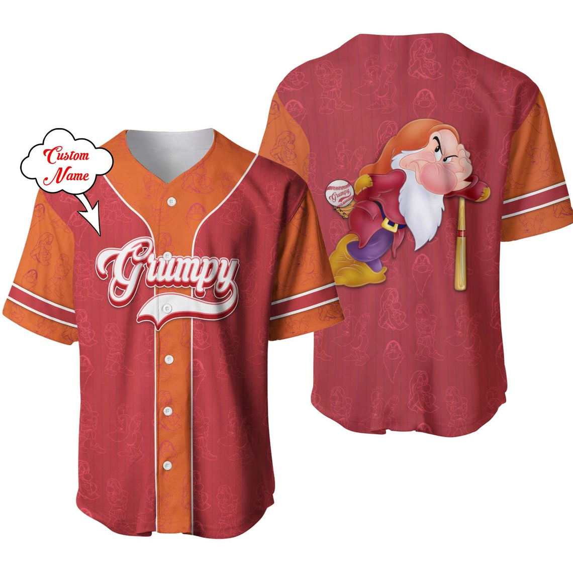 Grumpy Dwarf Red Orange Patterns Disney Unisex Cartoon Custom Baseball Jersey Personalized Shirt Men Women